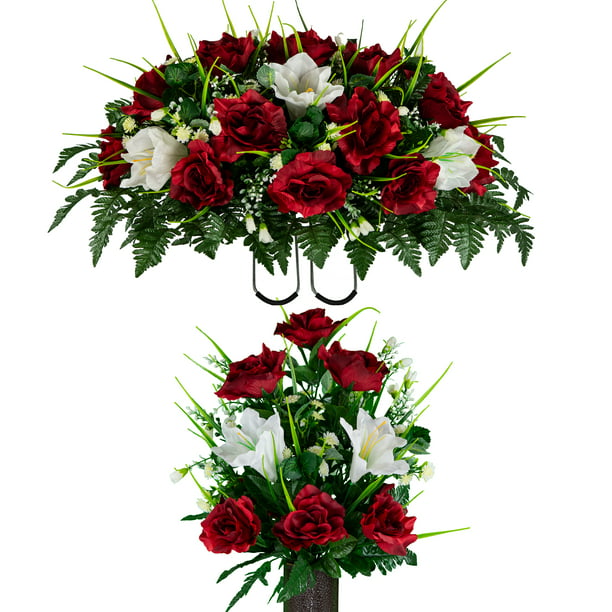 Cemetery Graveyard Cone Vase Artificial Flowers Saddle， Memorial Flowers Perfect Gravestone Decorations for Outdoor Grave-Decorations 